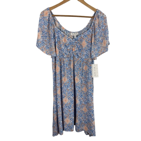 Wild Sage Boho Floral Midi Dress Sz M Blue Peach Flutter Sleeve Cottagecore EUC - Picture 1 of 13